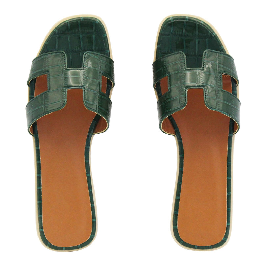 Ecogbd Flat Sandals for Women Slip on Leather Slides Ladies Dressy Casual Slippers Cute Open Toe Shoes (Alligator - Dark Green Adult Women 11 Numeric US Footwear Size System Medium)