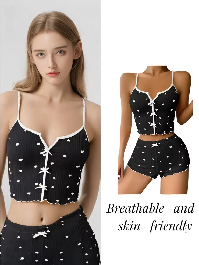 Sleepwear Women Pajamas Set Heart Print Soft Ribbed Fabric with Flirty Frill Trim Casual Cami Top and Shorts Sets Loungewear New