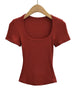Square Collar High Stretch Summer Crop Tops Women Short Sleeve Tops Sexy Pullover Bottoming Blouses Slim T-shirt