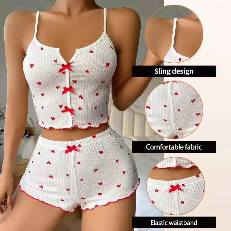 Sleepwear Women Pajamas Set Heart Print Soft Ribbed Fabric with Flirty Frill Trim Casual Cami Top and Shorts Sets Loungewear New