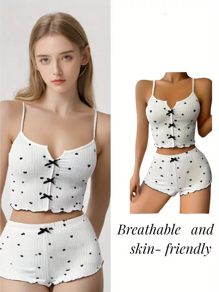 Sleepwear Women Pajamas Set Heart Print Soft Ribbed Fabric with Flirty Frill Trim Casual Cami Top and Shorts Sets Loungewear New
