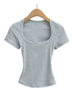 Square Collar High Stretch Summer Crop Tops Women Short Sleeve Tops Sexy Pullover Bottoming Blouses Slim T-shirt