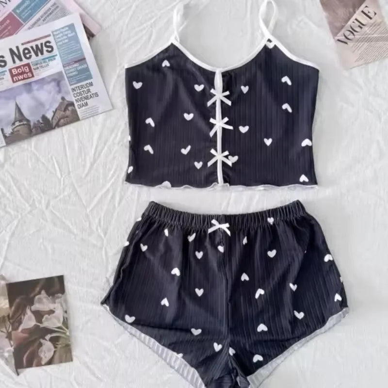 Sleepwear Women Pajamas Set Heart Print Soft Ribbed Fabric with Flirty Frill Trim Casual Cami Top and Shorts Sets Loungewear New