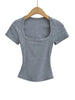 Square Collar High Stretch Summer Crop Tops Women Short Sleeve Tops Sexy Pullover Bottoming Blouses Slim T-shirt