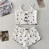 Sleepwear Women Pajamas Set Heart Print Soft Ribbed Fabric with Flirty Frill Trim Casual Cami Top and Shorts Sets Loungewear New