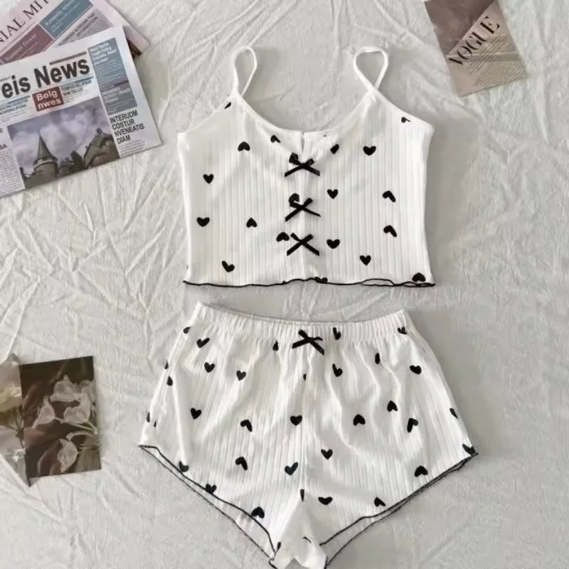Sleepwear Women Pajamas Set Heart Print Soft Ribbed Fabric with Flirty Frill Trim Casual Cami Top and Shorts Sets Loungewear New