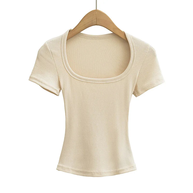 Square Collar High Stretch Summer Crop Tops Women Short Sleeve Tops Sexy Pullover Bottoming Blouses Slim T-shirt