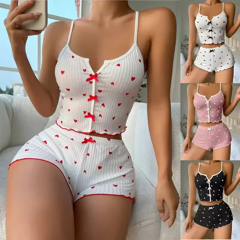 Sleepwear Women Pajamas Set Heart Print Soft Ribbed Fabric with Flirty Frill Trim Casual Cami Top and Shorts Sets Loungewear New