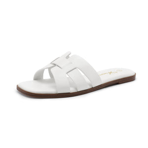 Athlefit Flat Sandals for Women Dressy Summer Square Open Toe White Sandals Comfortable Slip On Leather Slides Size 9